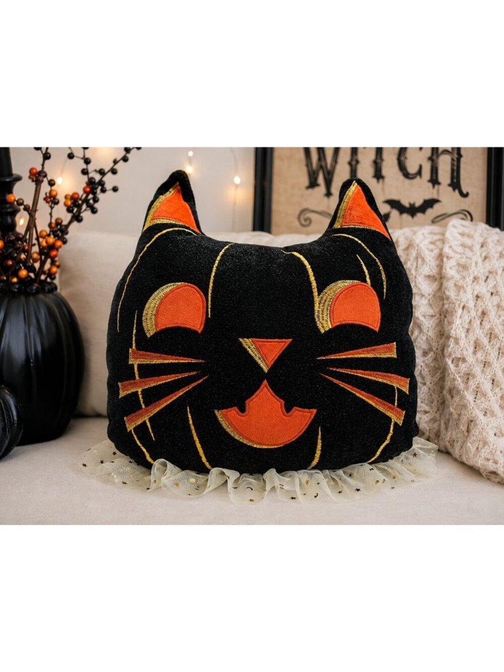 Halloween Black Cat Pumpkin Decorative Pillow Orange Gold Tulle 16" New